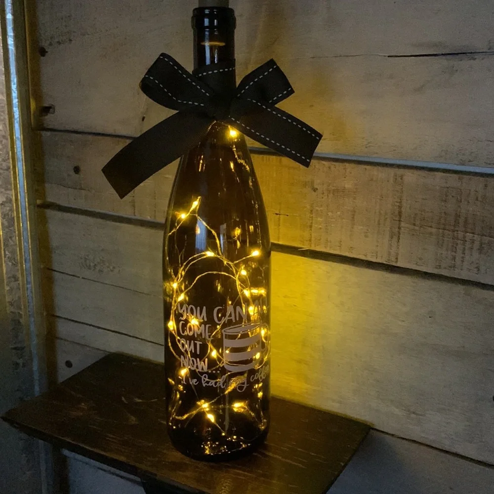 OOAK, Hand Crafted- Coffee logo brown Wine Bottle lantern